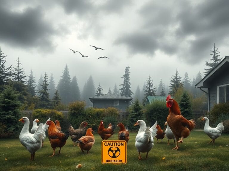 Flick International Backyard scene with domestic poultry and wild birds in Washington State