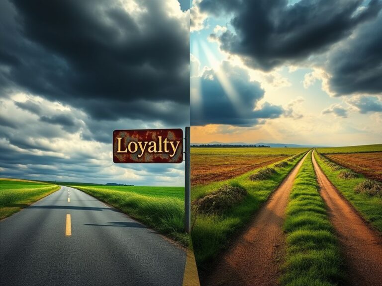 Flick International A weathered road symbolizing a one-way street with a broken loyalty sign and a vibrant green pathway