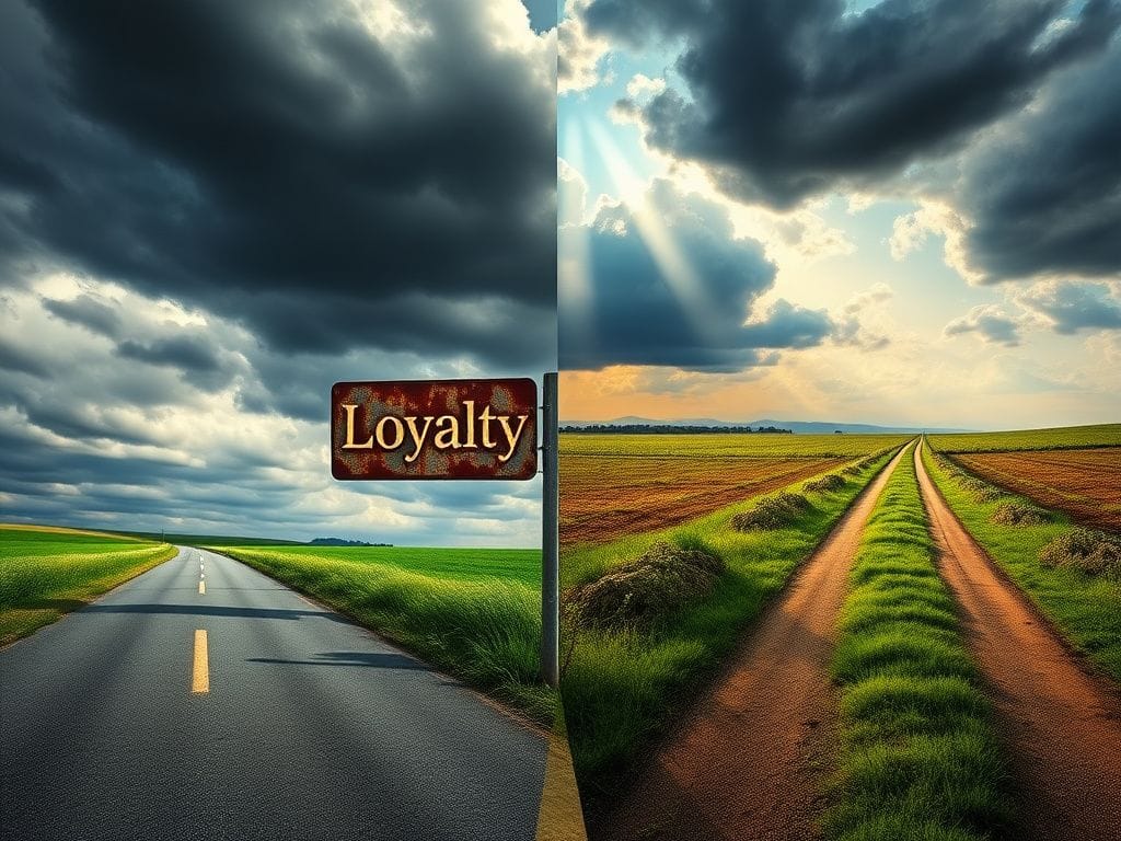 Flick International A weathered road symbolizing a one-way street with a broken loyalty sign and a vibrant green pathway