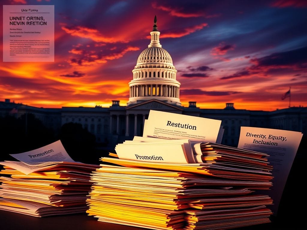 Flick International A dynamic image of the U.S. Capitol building at sunset, with office folders labeled 'Restitution' and 'Promotion' in the foreground.