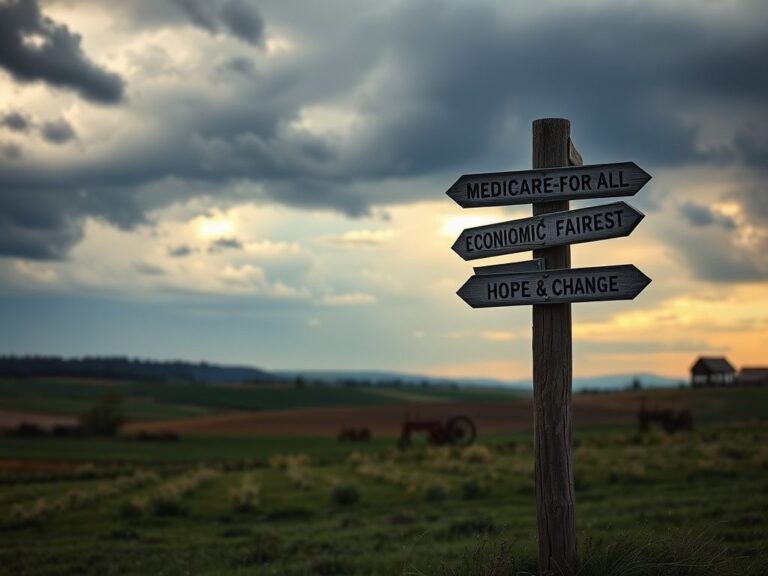 Flick International Weathered signpost in a rural Maine landscape depicting political themes