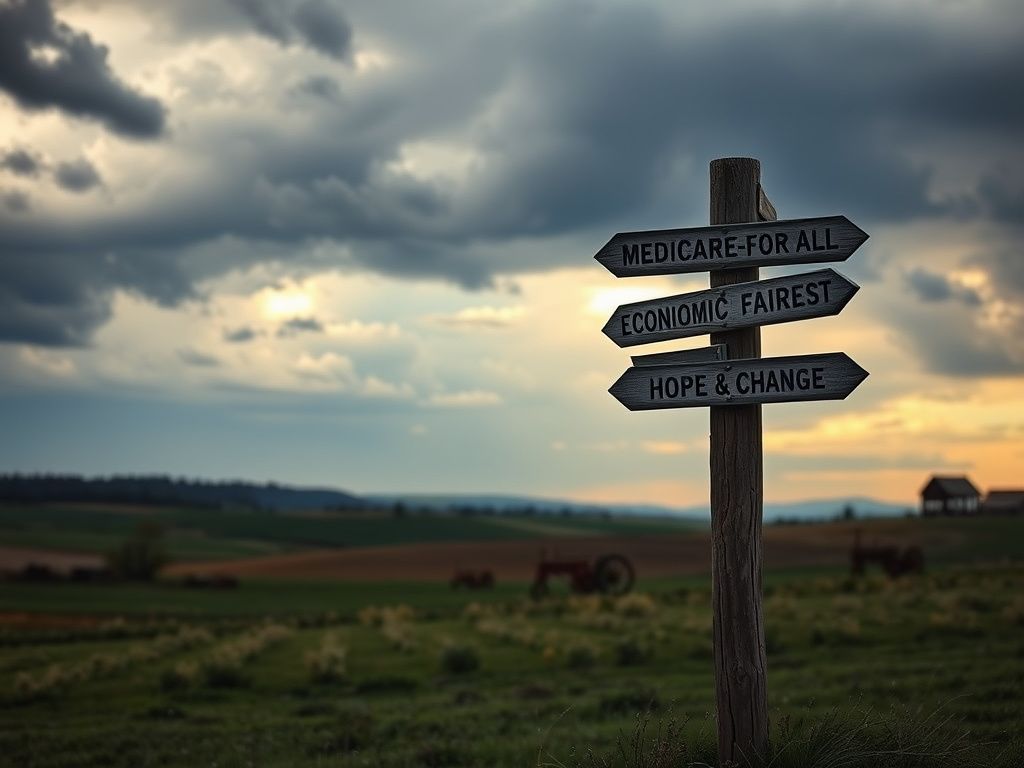 Flick International Weathered signpost in a rural Maine landscape depicting political themes