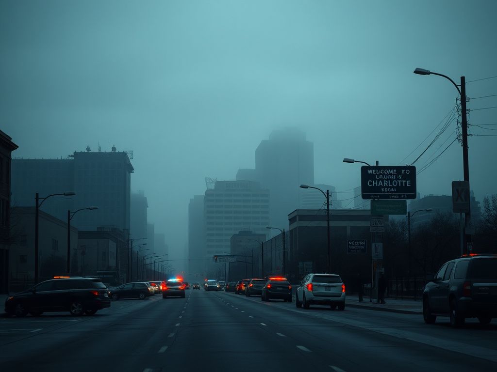 Flick International A deserted street in Charlotte, North Carolina, lined with law enforcement vehicles under a gray sky.