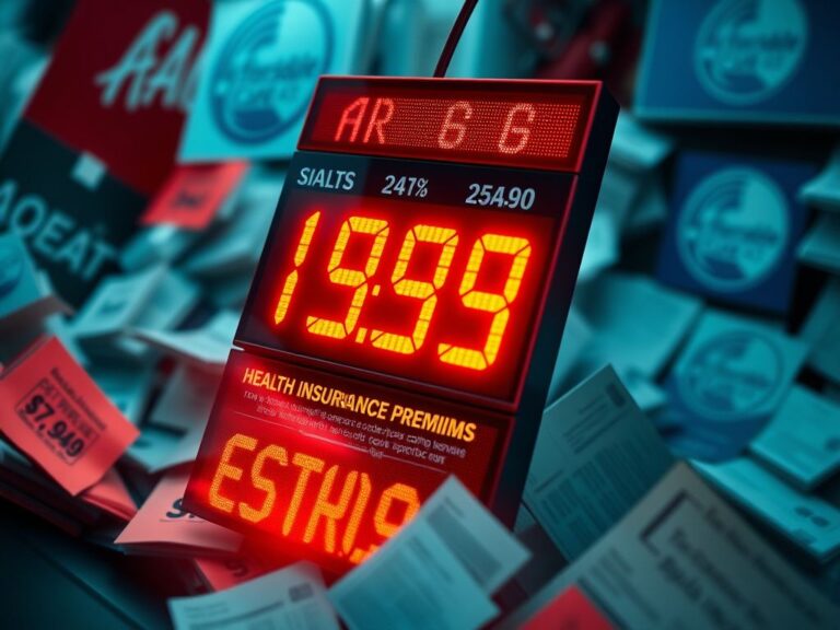 Flick International Close-up of a chaotic healthcare marketplace with digital price tag showing soaring health insurance premiums