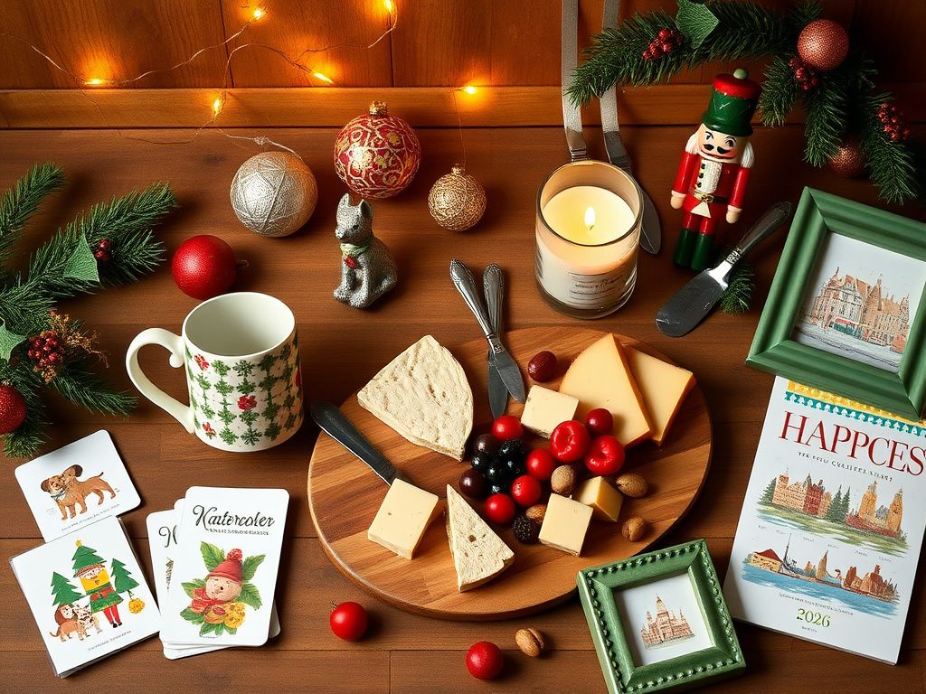 Flick International Flat lay of thoughtful holiday gifts from Anthropologie under $50 including mugs, ornaments, and candles.