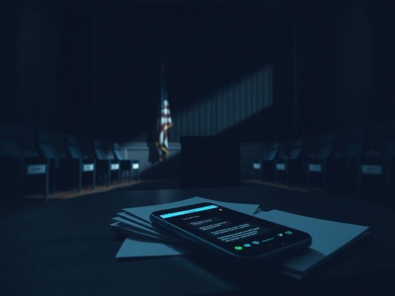 Flick International Dimly lit congressional hearing room with a smartphone and documents on a table, symbolizing political discourse and hidden communications