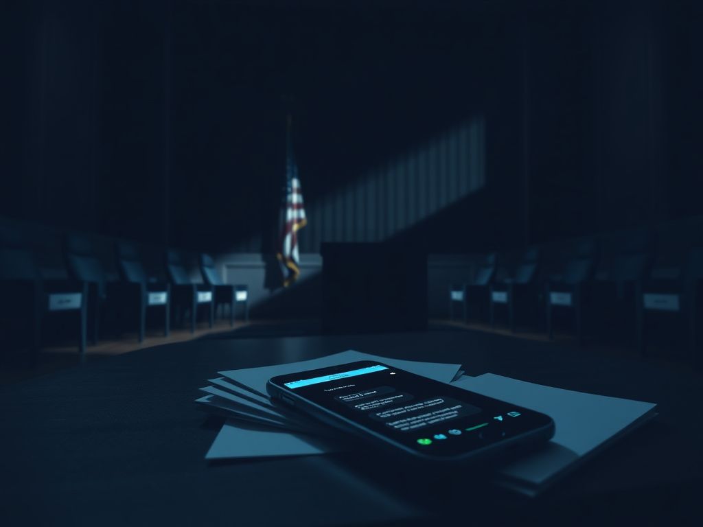 Flick International Dimly lit congressional hearing room with a smartphone and documents on a table, symbolizing political discourse and hidden communications