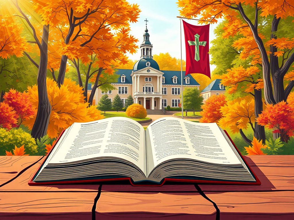 Flick International Illustration of St. Augustine's University campus with historical buildings and fall foliage