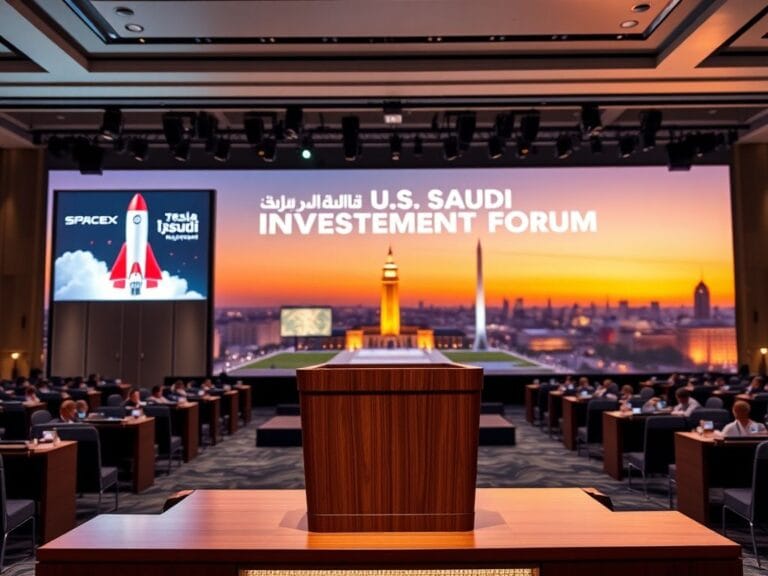 Flick International A grand conference room at the U.S.-Saudi Investment Forum with high-tech visuals and an empty podium.