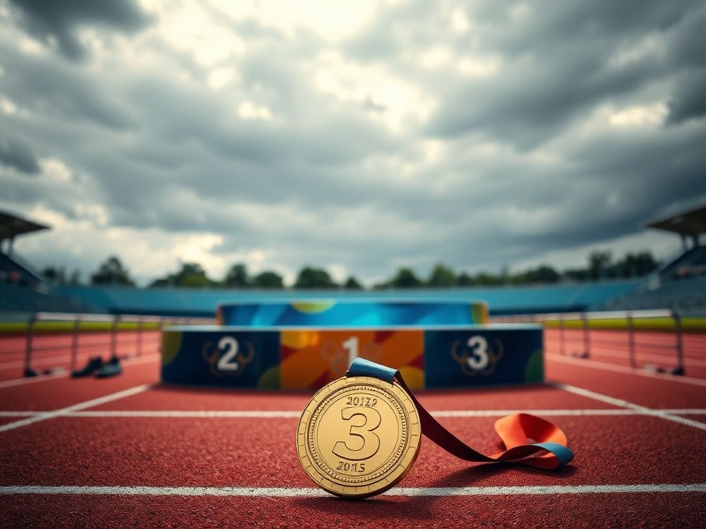 Flick International Empty podium with a shining abandoned third-place medal symbolizing protest
