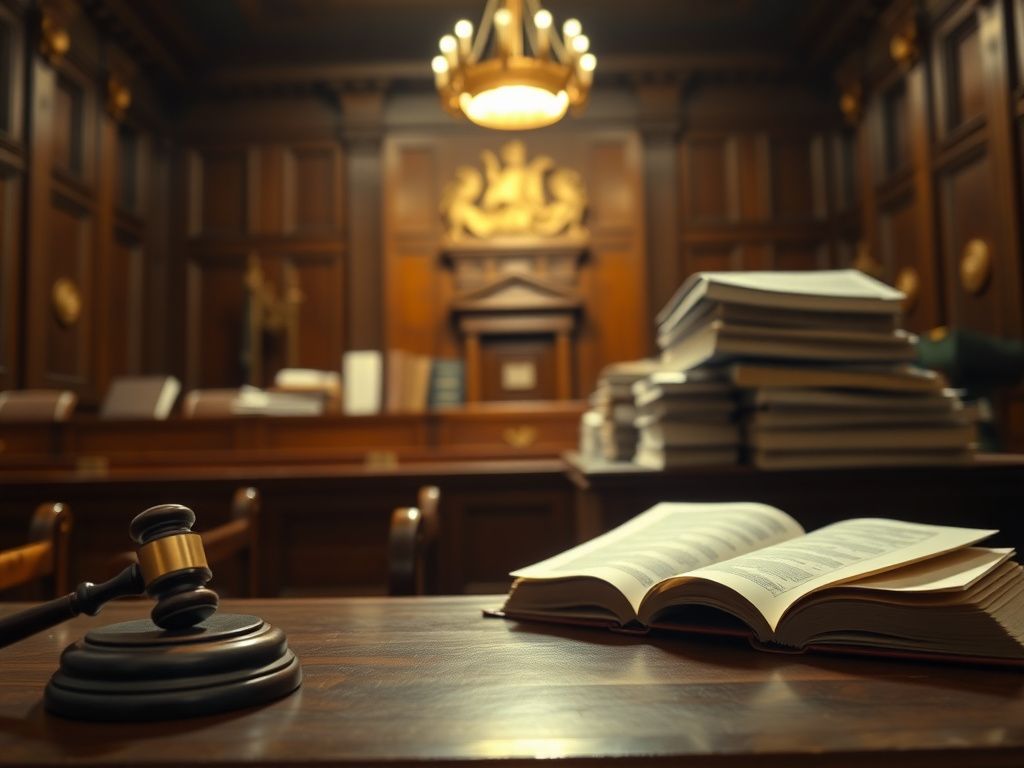 Flick International Dramatic courtroom scene with a gavel on a judge's bench