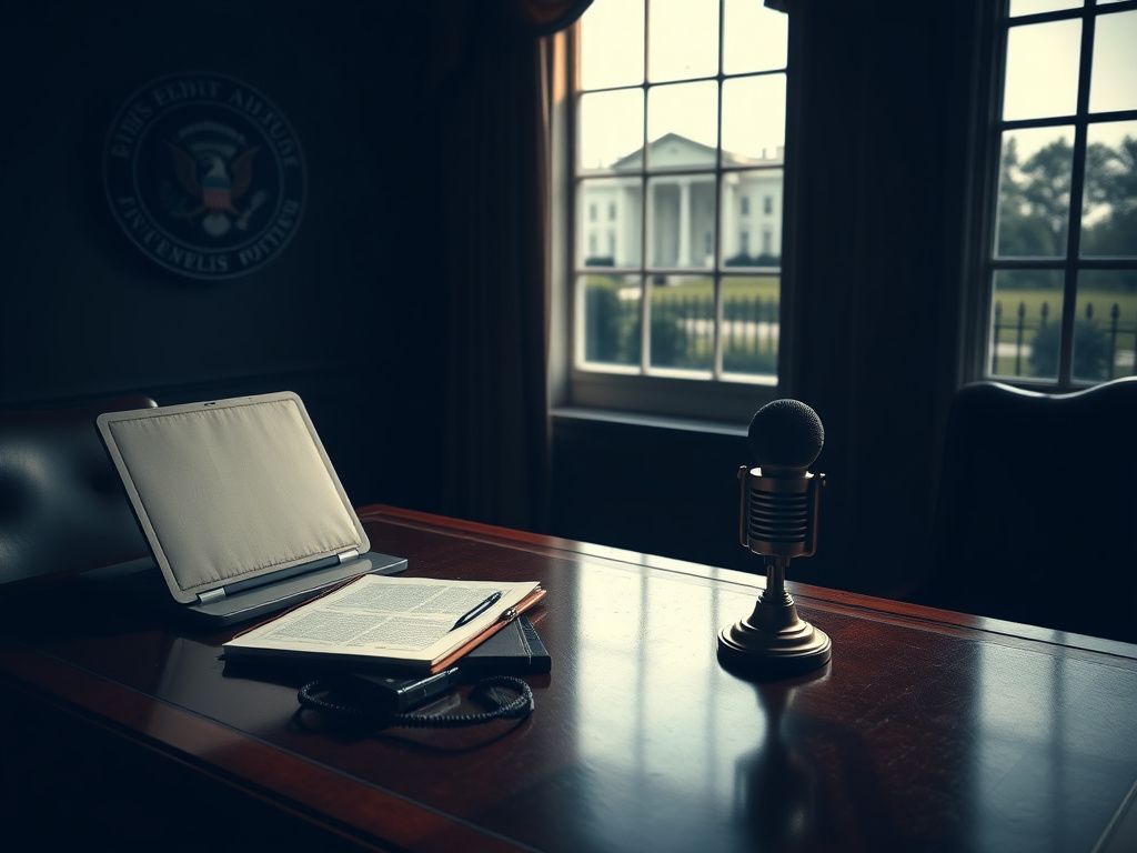 Flick International Dimly lit room resembling the White House with a polished desk and briefing documents