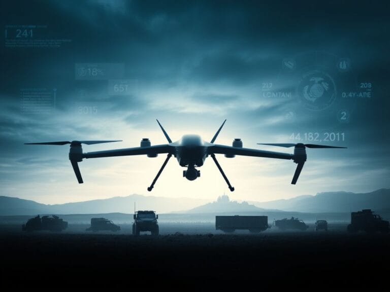 Flick International A futuristic military battlefield featuring an autonomous drone amidst traditional vehicles