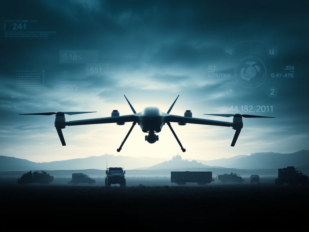 Flick International A futuristic military battlefield featuring an autonomous drone amidst traditional vehicles