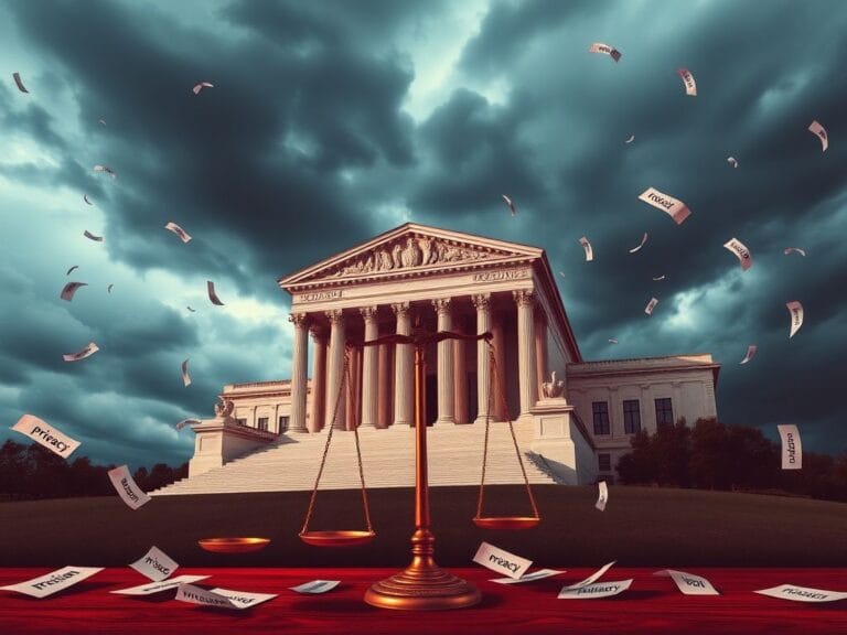Flick International Conceptual image of a large courthouse with pillars and a tipped scale of justice, symbolizing civil litigation reform debate