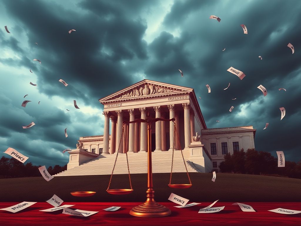Flick International Conceptual image of a large courthouse with pillars and a tipped scale of justice, symbolizing civil litigation reform debate
