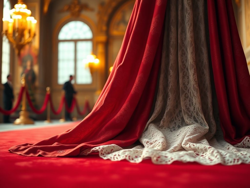 Flick International Close-up of an elegant vintage cloak draped over a lavish red carpet at a royal movie premiere