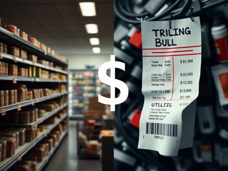 Flick International A grocery store aisle with empty shelves and high prices next to a utility bill showing alarming charges