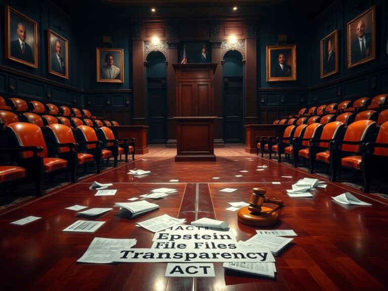 Flick International A dimly lit legislative chamber with empty seats and a wooden podium, highlighting political tension