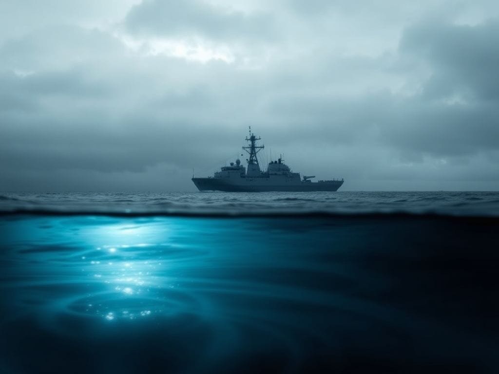 Flick International A military naval frigate patrolling the UK coastline with the Russian spy ship Yantar visible in the background