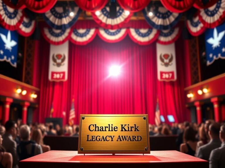 Flick International A gold plaque reading 'Charlie Kirk Legacy Award' on a grand stage with patriotic decorations