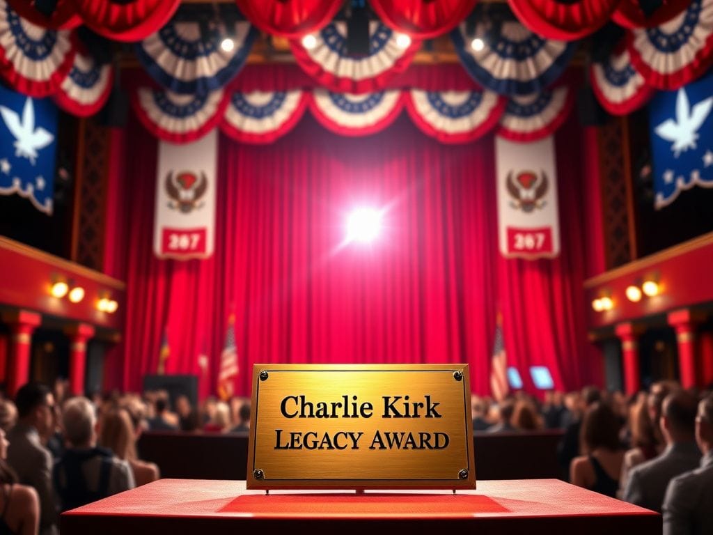 Flick International A gold plaque reading 'Charlie Kirk Legacy Award' on a grand stage with patriotic decorations