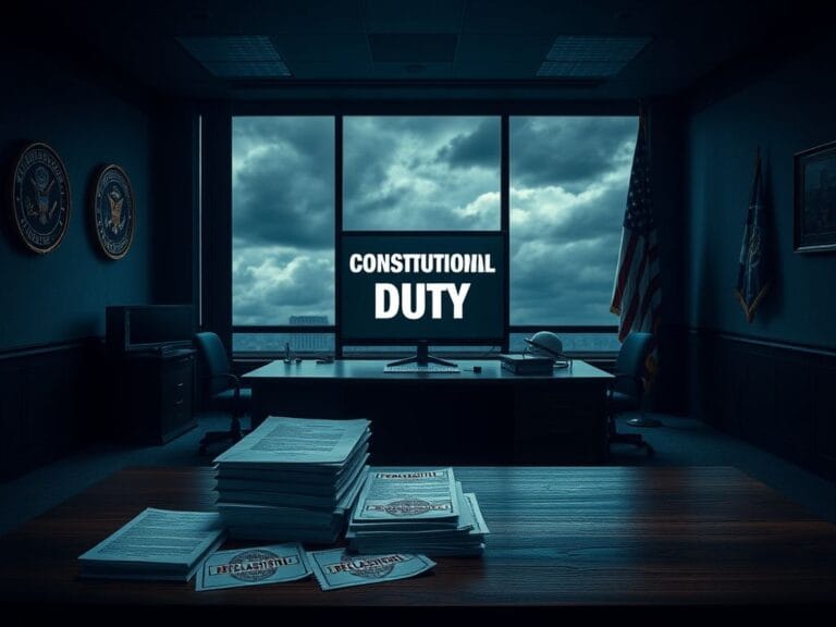 Flick International Empty military command center with unoccupied wooden desk and declassified documents.