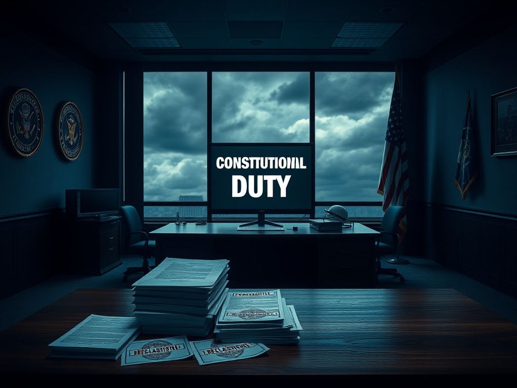 Flick International Empty military command center with unoccupied wooden desk and declassified documents.