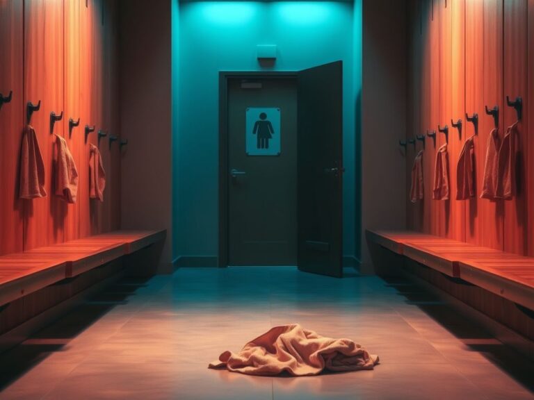 Flick International Empty women's locker room with a solitary towel and closed door casting shadows