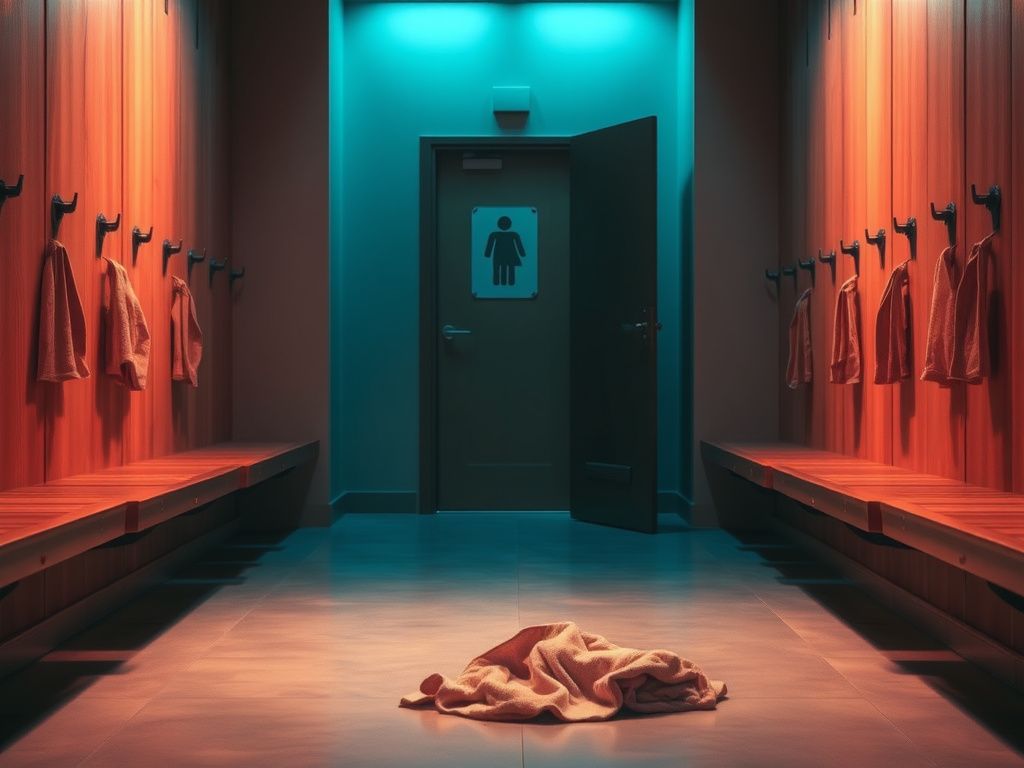 Flick International Empty women's locker room with a solitary towel and closed door casting shadows