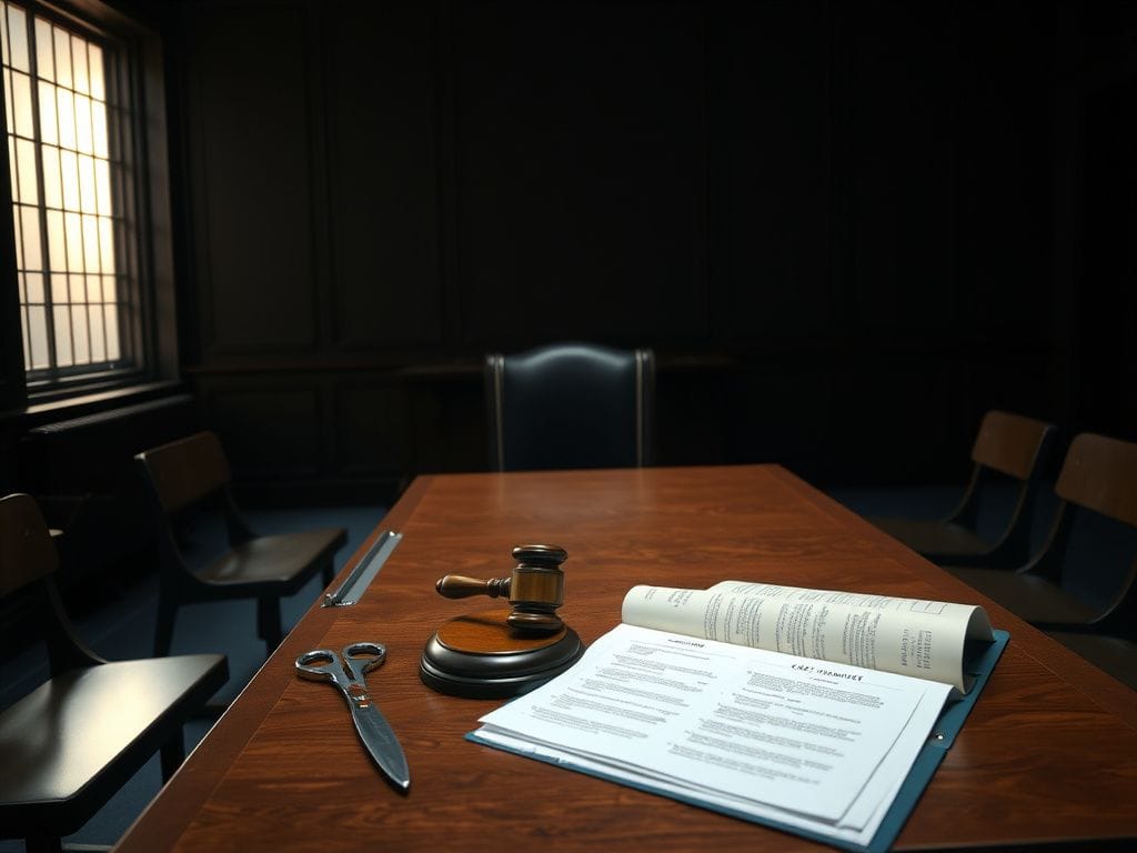 Flick International dimly lit courtroom with empty counsel table and gavel