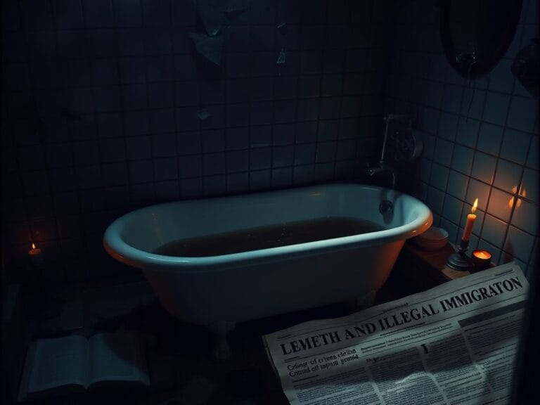 Flick International Dimly-lit bathroom scene with a vintage bathtub and eerie atmosphere