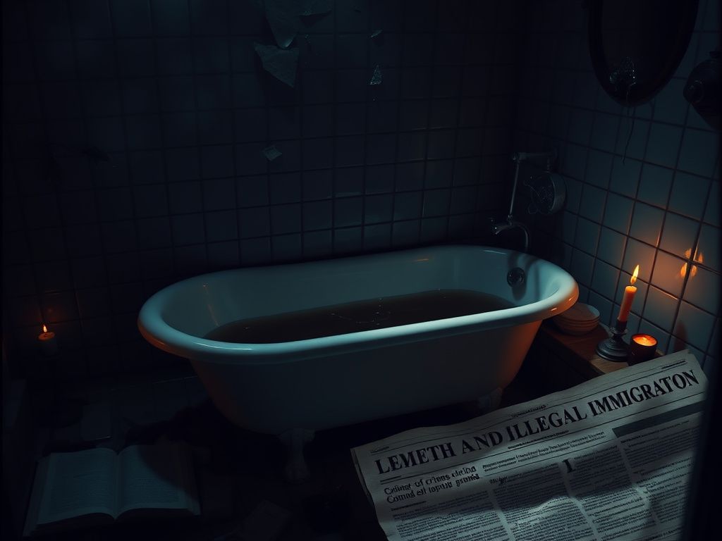 Flick International Dimly-lit bathroom scene with a vintage bathtub and eerie atmosphere