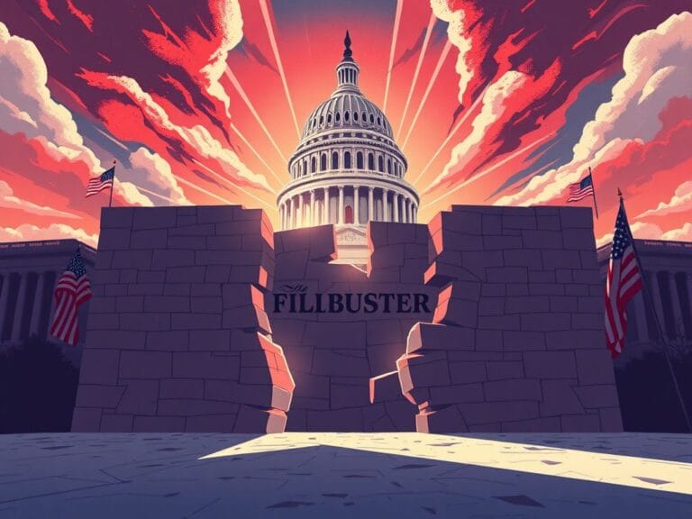 Flick International Illustration of the U.S. Capitol building with a crumbling 'Filibuster' wall symbolizing political barriers
