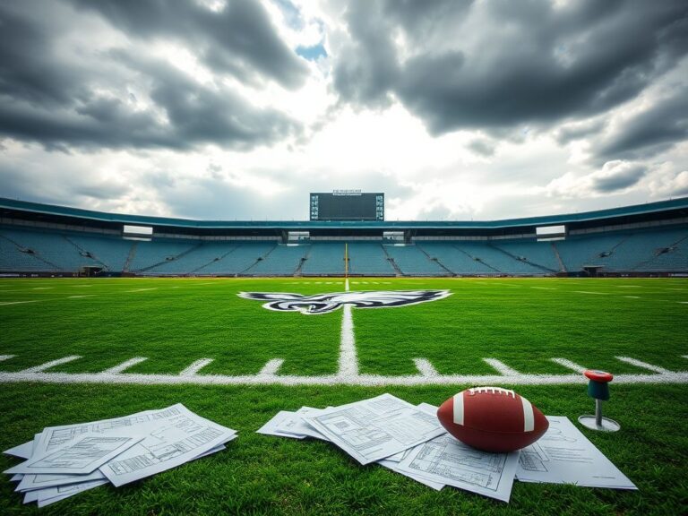 Flick International Close-up of the Philadelphia Eagles logo on a vibrant green football field end zone with blueprints and a football nearby.