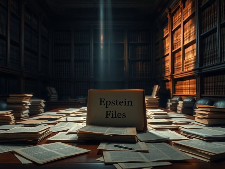 Flick International A large, dimly lit room filled with stacks of faded legal files related to Jeffrey Epstein.