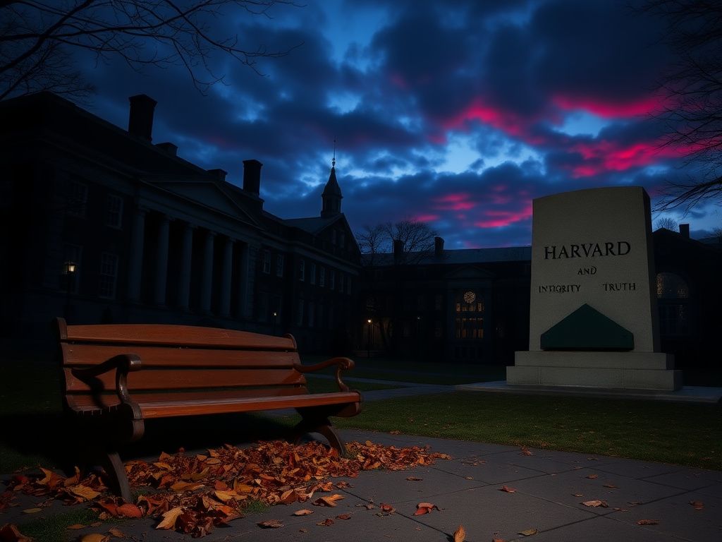 Flick International Moody twilight scene of Harvard University buildings with an empty bench and fallen leaves