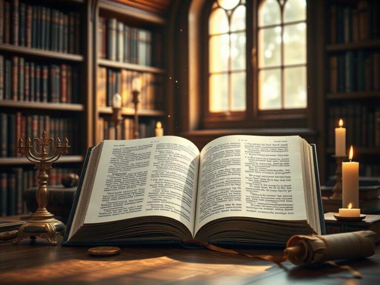 Flick International A serene library scene featuring an open book with Hebrew text and a menorah.