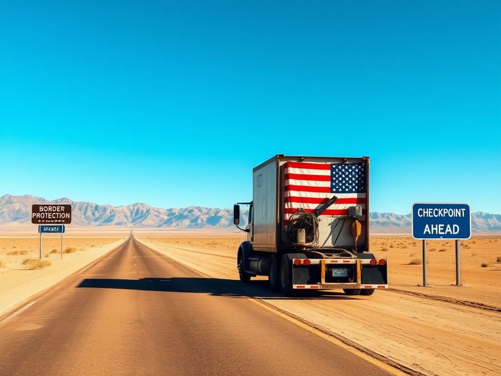 Flick International Commercial truck at California border checkpoint with American flag design