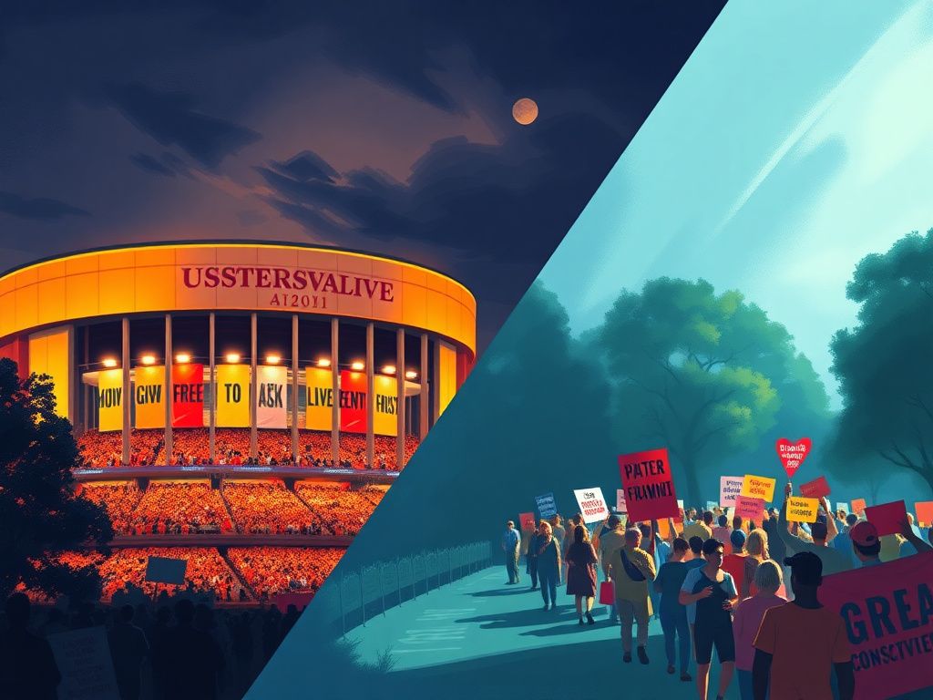 Flick International Illustration contrasting a large conservative event at a basketball arena and a vibrant counter-protest outdoors