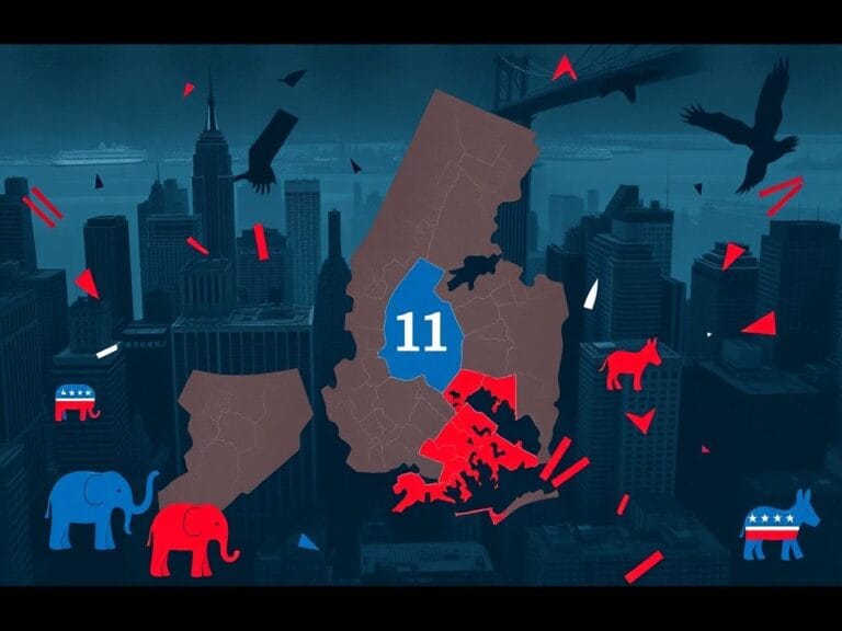 Flick International A stylized map of New York City highlighting the 11th Congressional District in bold colors, symbolizing the gerrymandering battle.