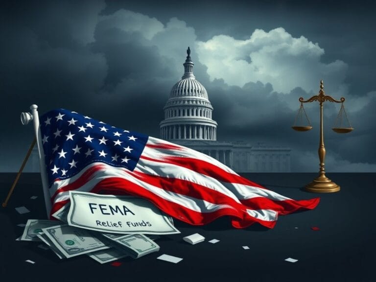 Flick International A dramatic depiction of a shattered American flag buried in cash and FEMA relief fund documents under dark storm clouds.