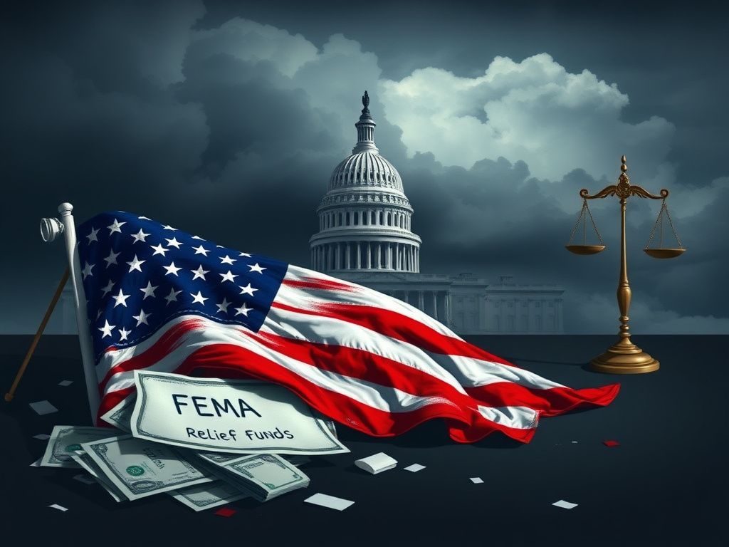 Flick International A dramatic depiction of a shattered American flag buried in cash and FEMA relief fund documents under dark storm clouds.