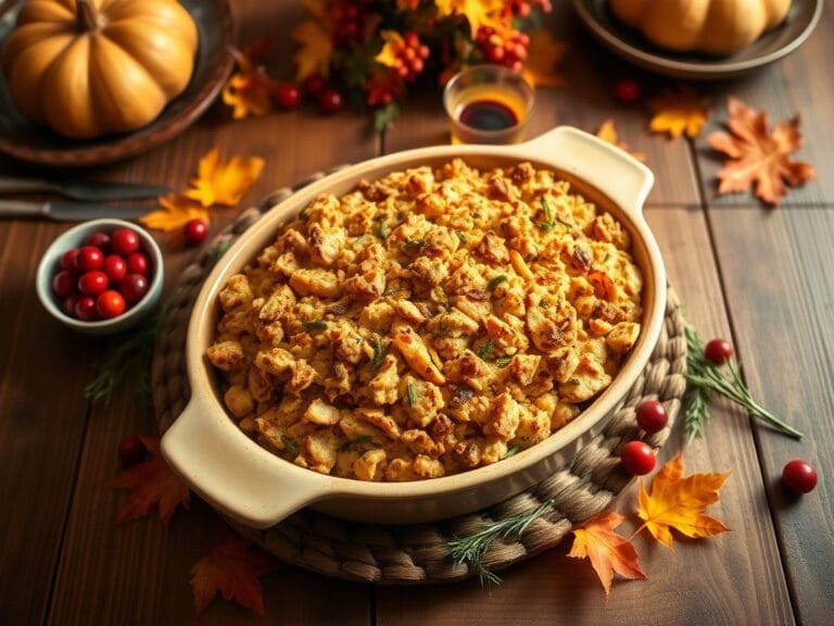 Flick International A beautifully arranged Thanksgiving dinner table featuring a golden-brown baking dish of stuffing surrounded by autumn-themed decor