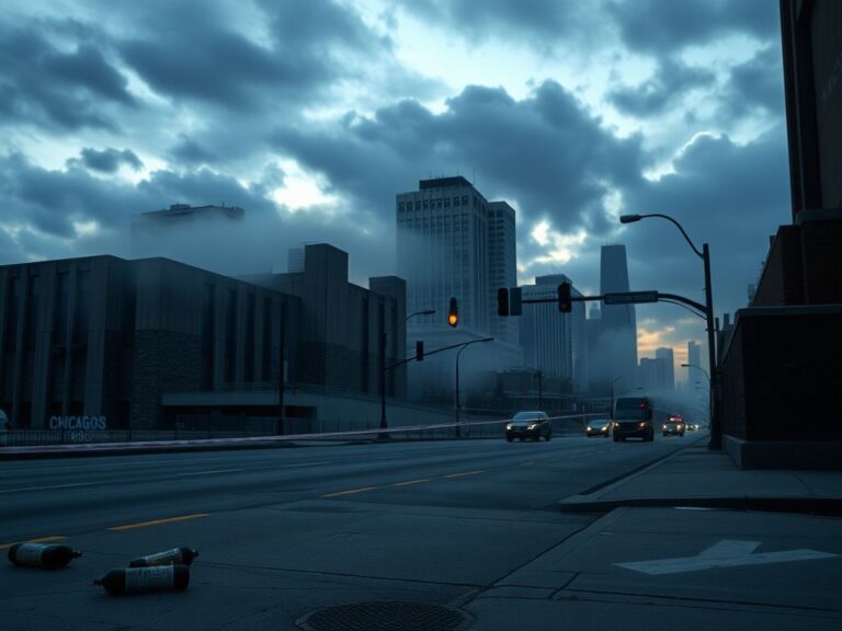 Flick International Somber urban landscape of Chicago at twilight with federal building and deserted street