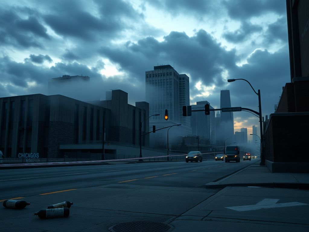 Flick International Somber urban landscape of Chicago at twilight with federal building and deserted street