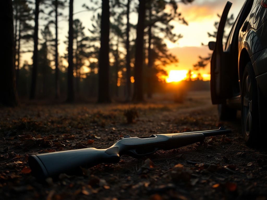 Flick International Hunting rifle resting on the ground amidst fallen leaves in a tranquil wooded area