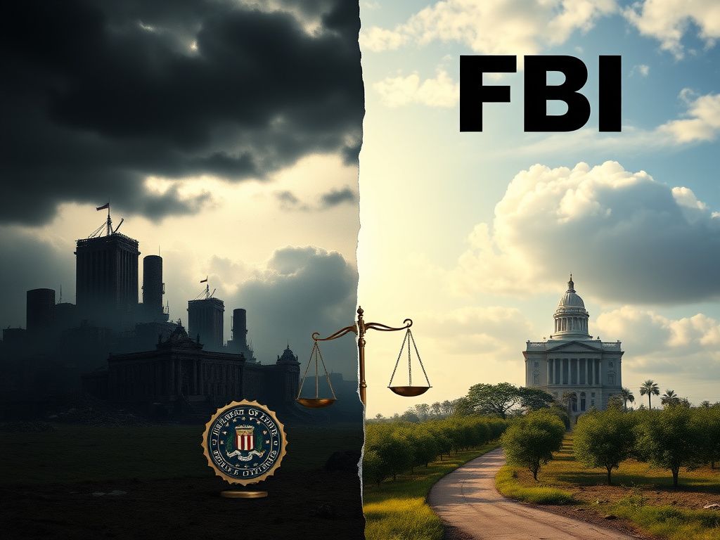 Flick International Conceptual image depicting the divided landscape of the FBI, illustrating internal conflict and contrasting ideologies.