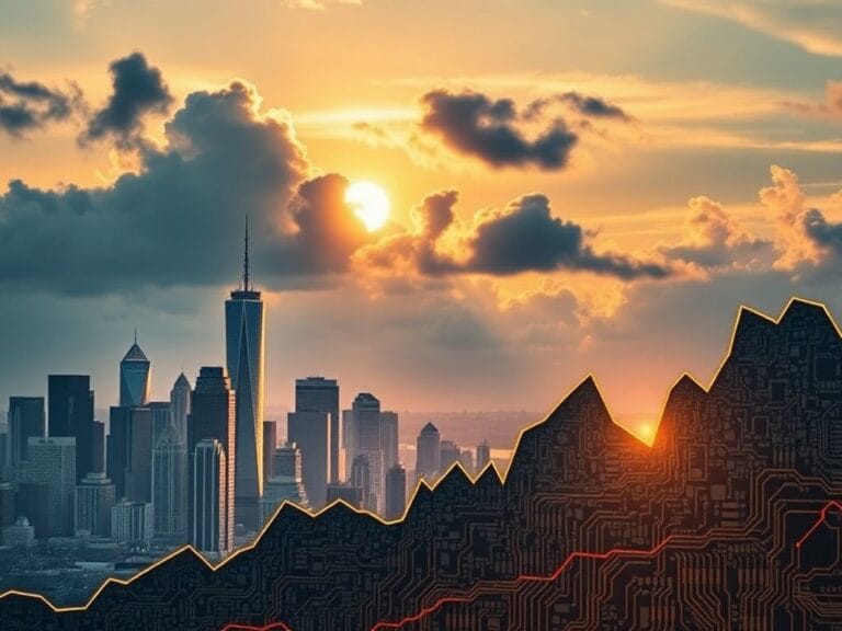 Flick International Dramatic landscape depicting the rise and fall of a digital economy with a city skyline and ominous clouds.