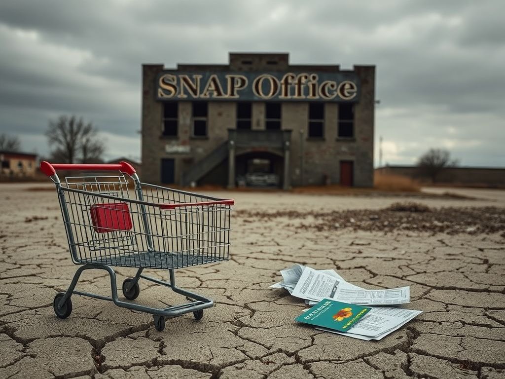 Flick International Empty grocery cart symbolizing food insecurity on barren ground